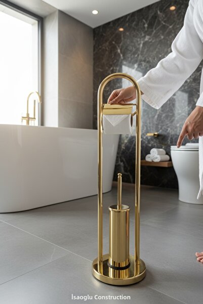 İSAOĞLU YAPI Gold Toilet Paper Holder Toilet Brush Set with Stainless Brass S...
