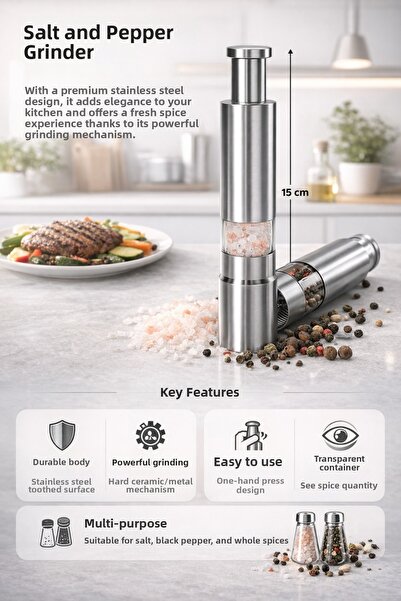 Single Stainless Steel Press Type Salt Pepper Spice Grinder