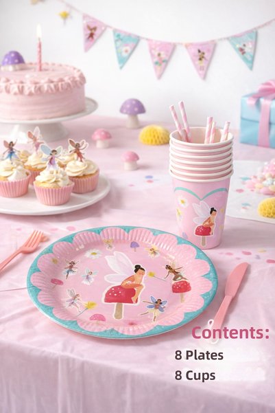 Partifabrik Fairy Girls Themed Cardboard Plate and Cup Set 8 Plates 8 Cups 23 cm