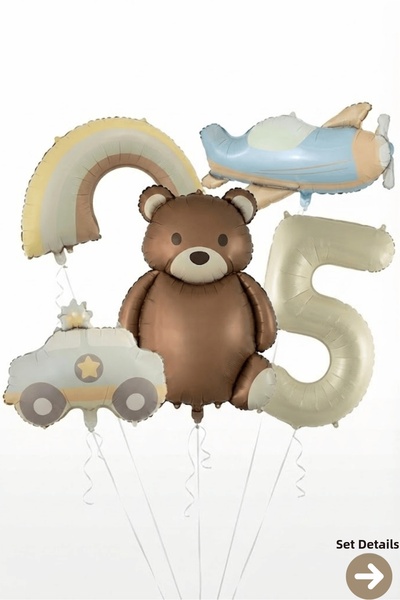 Bunloon مجموعة بالونات من رقائق الفويل بتصميم طائرة تيدي بير بعمر 5 سنوات وقو...