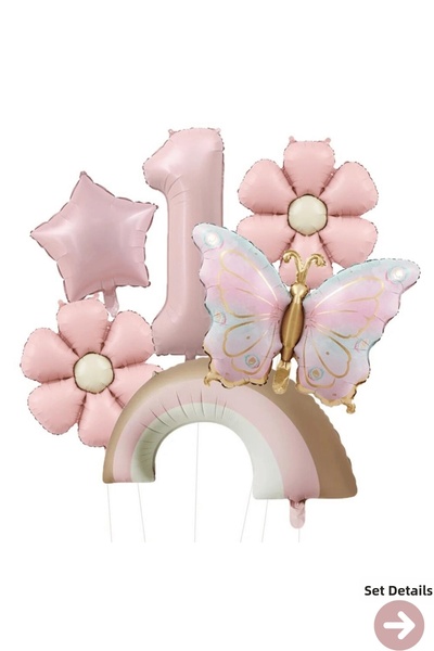 Bunloon مجموعة بالونات بتصميم فراشة قوس قزح باللون الوردي بعمر سنة واحدة