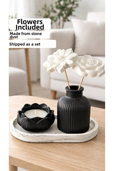 DEREN Decorative Marble Pattern Lotus Candle Holder Vase Set Home Living Acce...