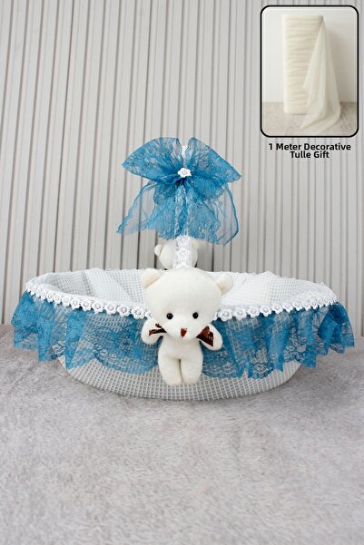 Çocuksan Baby&Kids Wear Turquoise Lace Baby Basket with Teddy Bear - Baby Sho...