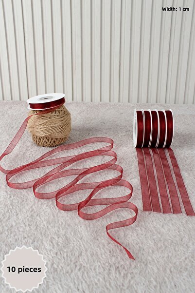 Mortex 10 Pieces of Burgundy Organza Tulle Ribbon 1 cm 22 Meters - Bundle, We...