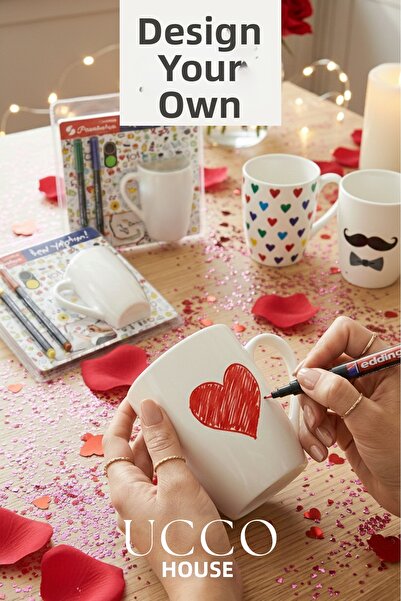 UCCO DIY Design Your Own Mug Set - 1 Paşabahçe Porcelain Mug X 2 Edding Pens ...