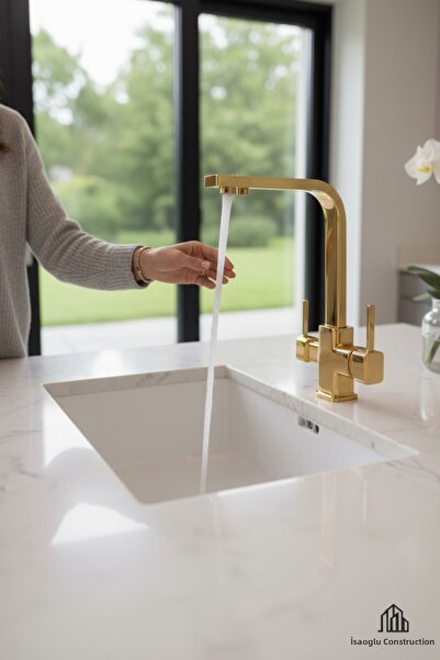 İSAOĞLU YAPI Kitchen Faucet with Gold Purifier - Square Design, Sink Tap Fixture