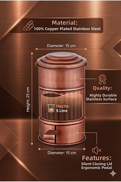 RİVO HOME DECOR The Mia Galvaniz Metal 5Lt Pedal Trash Can Bathroom Copper Pl...