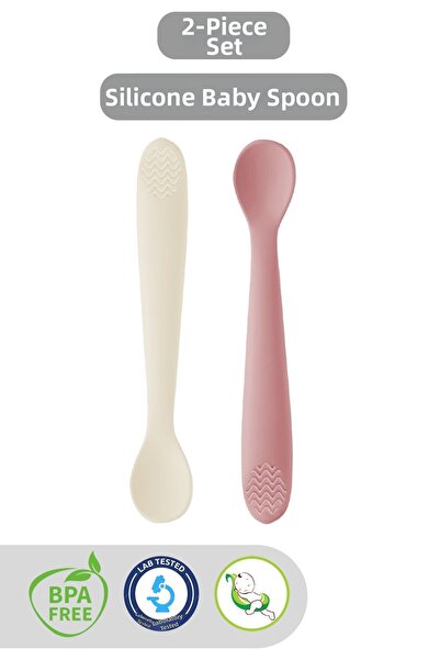 Meleni Baby 2-Piece Teether Baby Food Spoon - Silicone Food Spoon - Pink, Beige