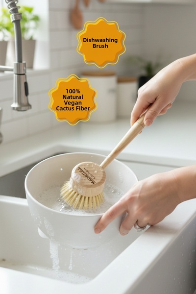 Madetoll Kitchen 100% Natural-Vegan Cactus Grass Long Handle Dish Brush & Dec...
