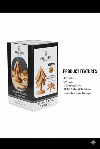 PABLITO HOME Wooden Ni̇hal'E 3-Piece Set, 3 Ni̇hal'E, 1 Stand, Pbt-632