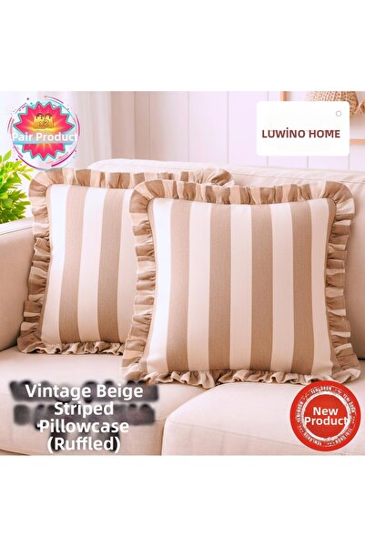 LUWİNO HOME Husă de pernă cu volane din in, seria Vintage Stick, 42 x 42 cm (...