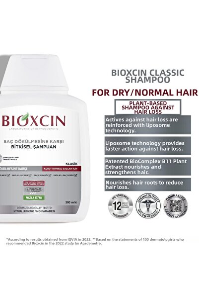 Bioxcin شامبو جينيسيس العشبي المضاد لتساقط الشعر الجاف/العادي 300 مل × 4 قطع + 1 قطعة جل 100 مل هدية