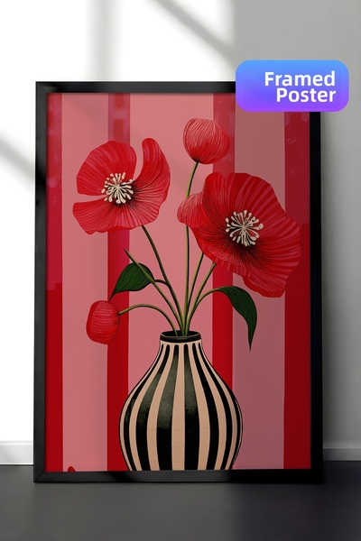 Zestia Tablou cu ramă neagră, Poppy pe fundal roșu, Poster decorativ pentru s...