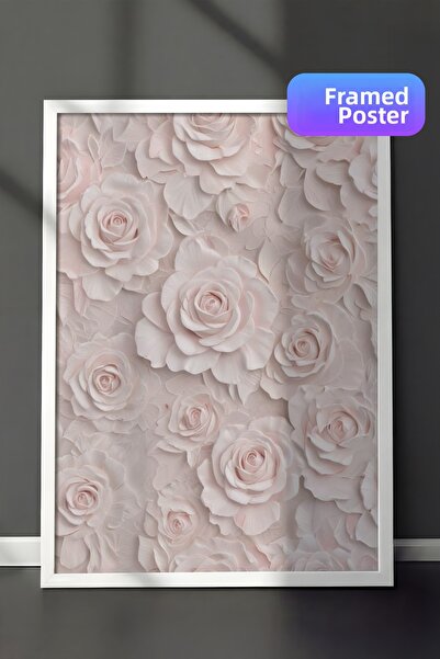 Zestia Tablou cu ramă albă, Motiv trandafir alb în relief, Poster decorativ p...