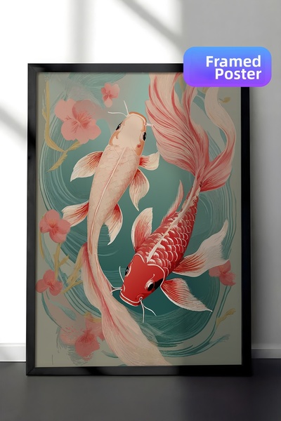 Zestia Tablou înrămat negru, ilustrație cu pești Koi, poster decorativ pentru...