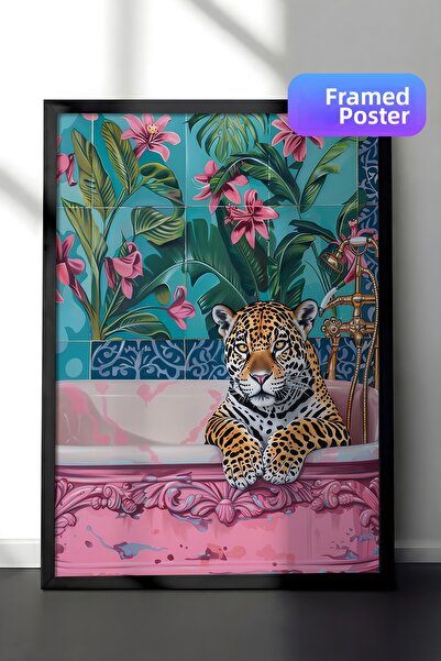 Zestia Tablou înrămat negru, leopard, tapet cu flori, poster de artă digitală...