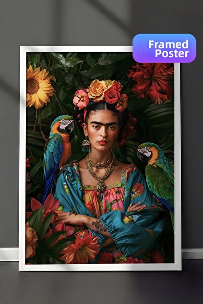 Zestia Tablou înrămat alb, Portret Frida Kahlo, Poster decorativ pentru livin...