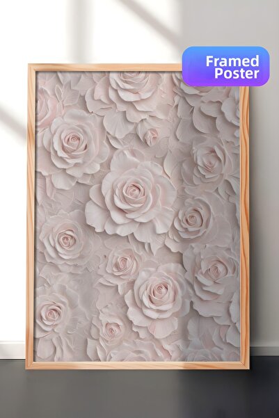 Zestia Tablou cu ramă din lemn, motiv trandafir alb în relief, poster decorat...