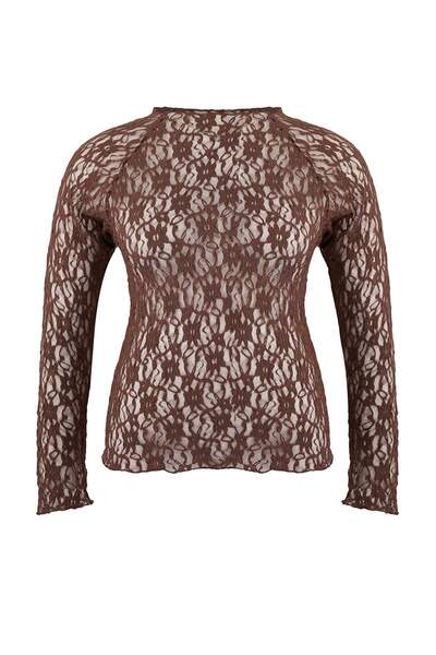 Trendyol Curve Brown Black Lace Knitted Plus Size Blouse Tbbaw26Af00122
