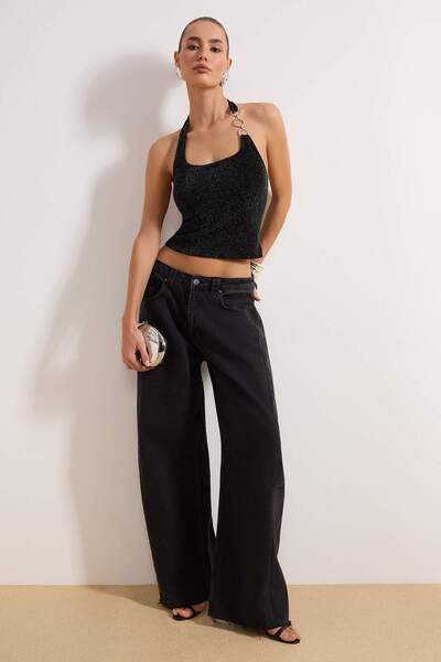 Trendyol Collection Black Solid Square Collar Sleeveless Woven Glitter Knitte...