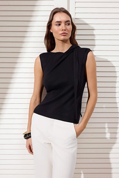 Trendyol Collection Black Collar Tie Detail Premium Yarn Knitwear Blouse Twos...