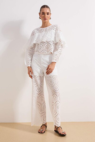 Trendyol Collection White Brode Lined Straight/Drop-Cut Trousers Twoss26Pl00028