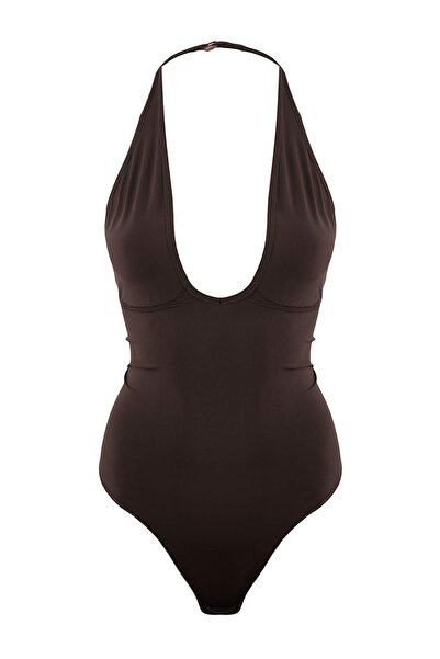 Trendyol Collection Brauner nahtloser/nahtloser Formgebender Strickbody mit D...
