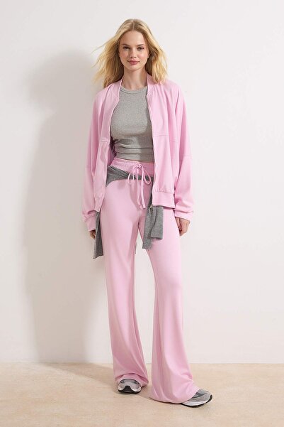 Trendyol Collection Pink Relaxed Mock Neck Zippered Flared Long Soft Touch Kn...