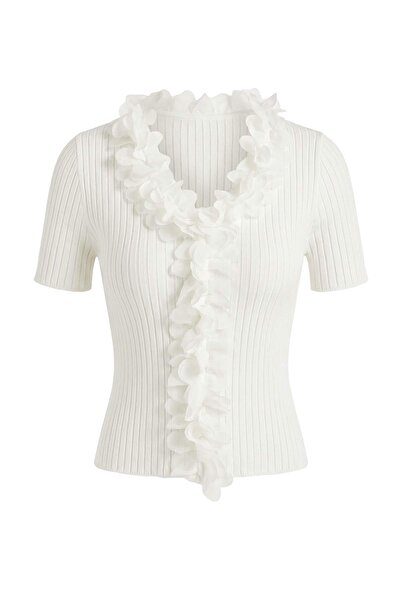 ترينديول كوليكشن بلوزة تريكو بتفاصيل زهرة التول ذات الرقبة على شكل حرف V TWOS...