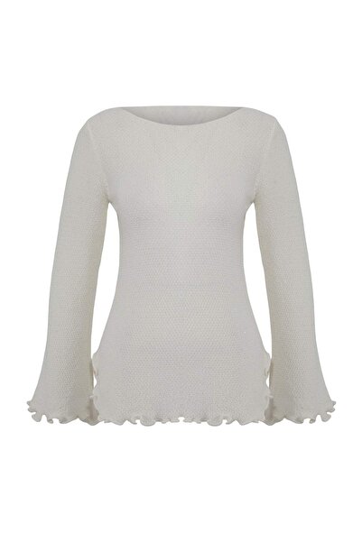Trendyol Collection Ecru Sequined Boat Neck Hem Detail Knitwear Sweater Twoss...