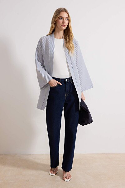 Trendyol Modest Blue Belted Woven Seersucker Striped Kimono & Kaftan TCTSS23K...