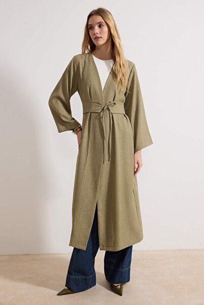 Trendyol Modest Khaki Linen Look Tkané kimono a Kaftan s detailem v pase na k...