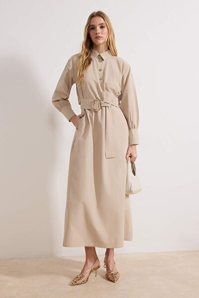 Trendyol Modest Steinfarbenes, ungefüttertes, schlicht gewebtes Hijab-Kleid a...