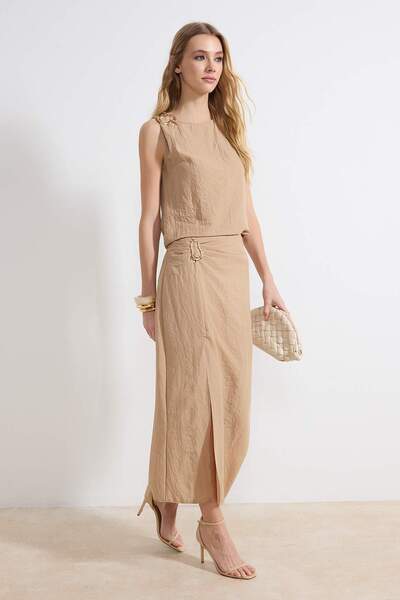 Trendyol Collection Beige Accessory and Slit Detailed Blouse-Skirt Woven Bott...