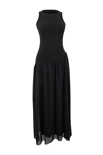 Trendyol Collection Black Bodycon Sleeveless Shirred Maxi Ribbed Stretchy Kni...