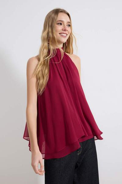 Trendyol Collection Bluză din șifon țesut cu detaliu de legătură la guler, în...