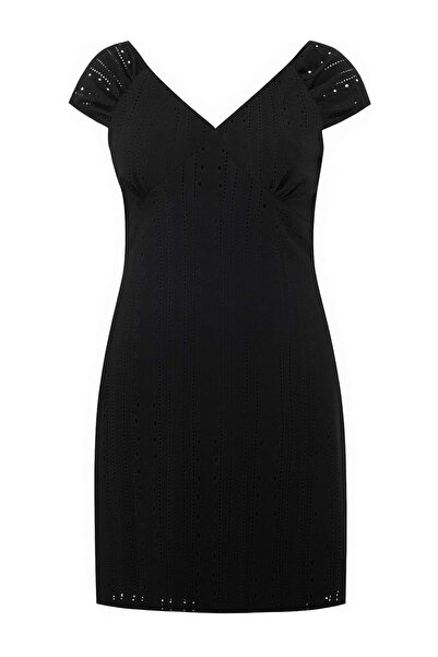 Trendyol Curve Black V-Neck A-Line Knitted Plus Size Dress Tbbss26Ah00111