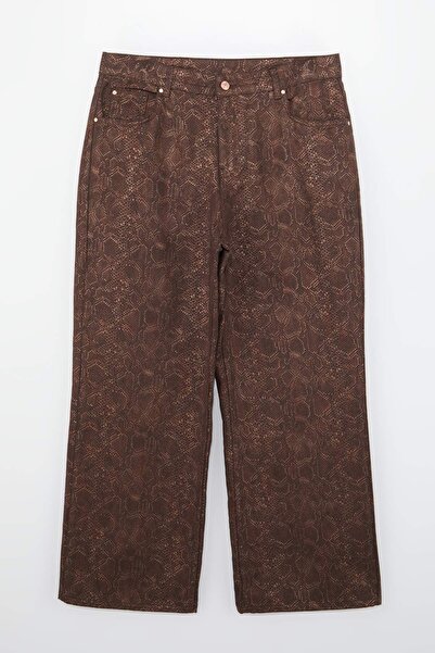 Trendyol Curve Brown Snake Pattern High Waist Wide Leg 100% Cotton Plus Size ...