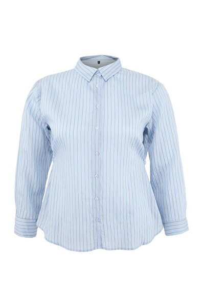 Trendyol Curve قميص طويل الأكمام مخطط باللون الأزرق مقاس كبير TBBSS26AX00008