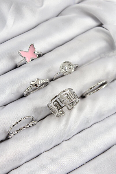 Skygo Brass Butterfly and Heart Model Silver Color Women's Ring Combination S...