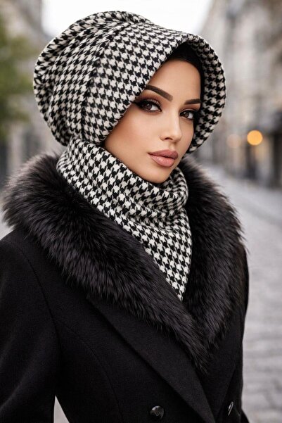 Aişe tesettür Set de șapcă și etolă cu pălărie neagră cu cravată în cruce