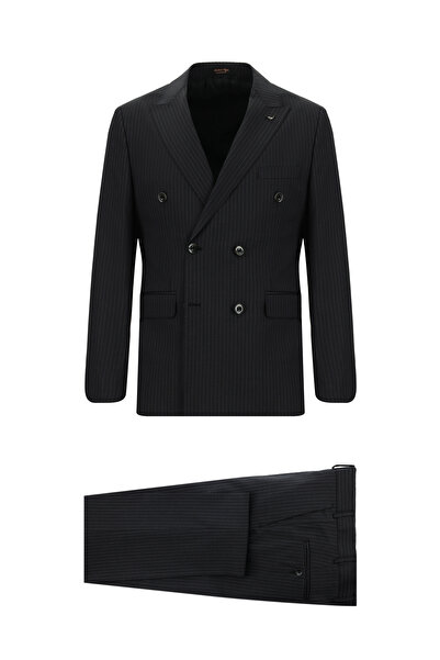 Abdullah Kiğılı 7 Drop Slim Fit Dar Kesim Çizgili Kaşmirli Kruvaze İpek Karış...