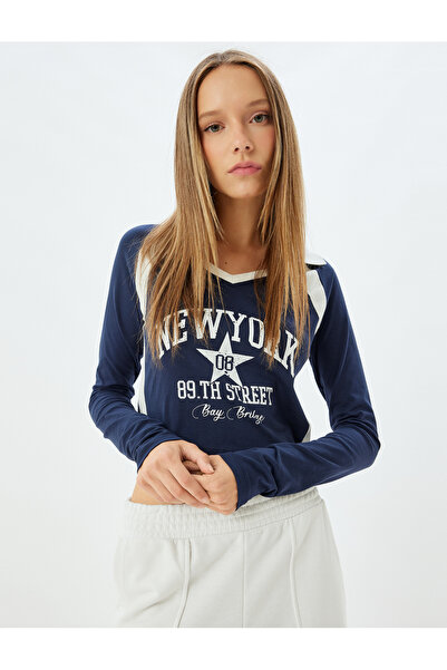 Koton Μπλουζάκι College Printed Slim Fit Polo Neck Crop - Μακρυμάνικο