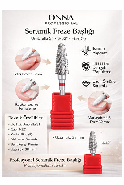 ONNA PROFESSIONAL Professional 3/32” Umbrella ST Fine (F) Seramik Freze Başlı...