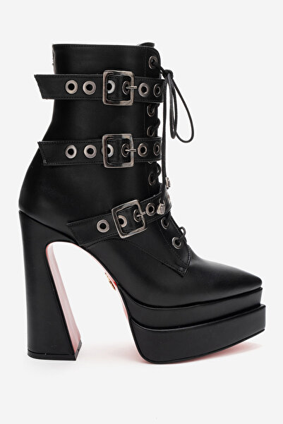 Ayakkabı Ateşi Women's Black Leather Three Buckle Pointed Toe High Heel Zippe...