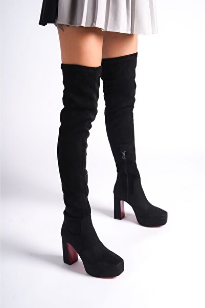 Ayakkabı Ateşi Cizme de damă cu platformă din piele intoarsa neagra Pantofi c...