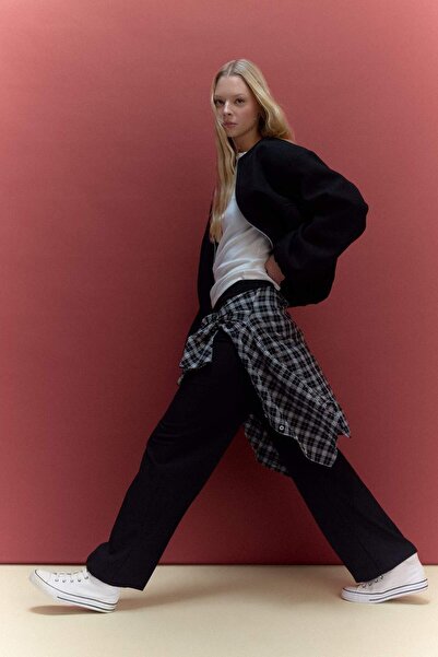 DeFacto Straight Fit Fleto Cepli Siyah Kadın Pantolon F6214AX/BK27