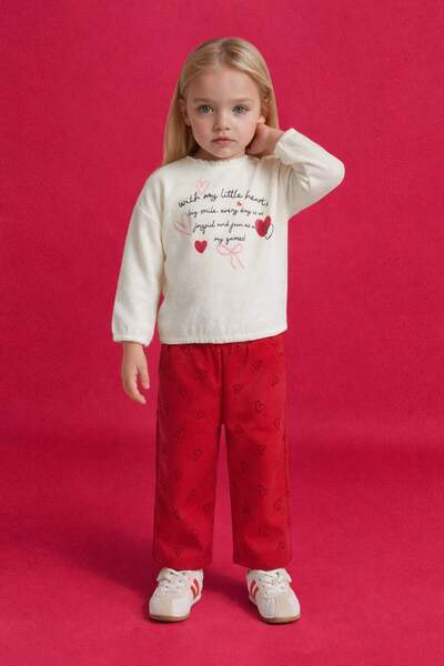 DeFacto طقم بناتي مكون من قطعتين سترة وبنطلون بنقشة قلب G7436A526SP