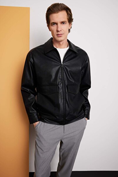 DeFacto Slim Fit Slim Fit Polo Collar Lined Zippered Faux Leather Coat F7744A...