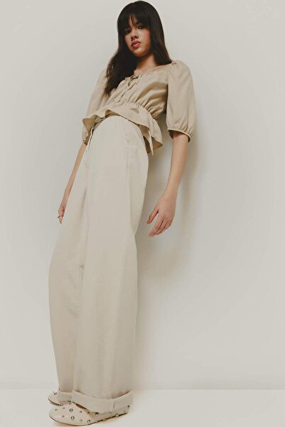 DeFacto Keten Karışımlı Palazzo Pantolon Wide Leg Geniş Bol Paça Üç Cepli Nor...